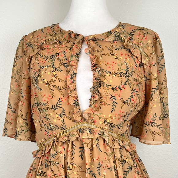 Cottagecore Floral Boho Maxi Dress Small Ruffled Tiered Yellow Fairy Coquette - Picture 2 of 13